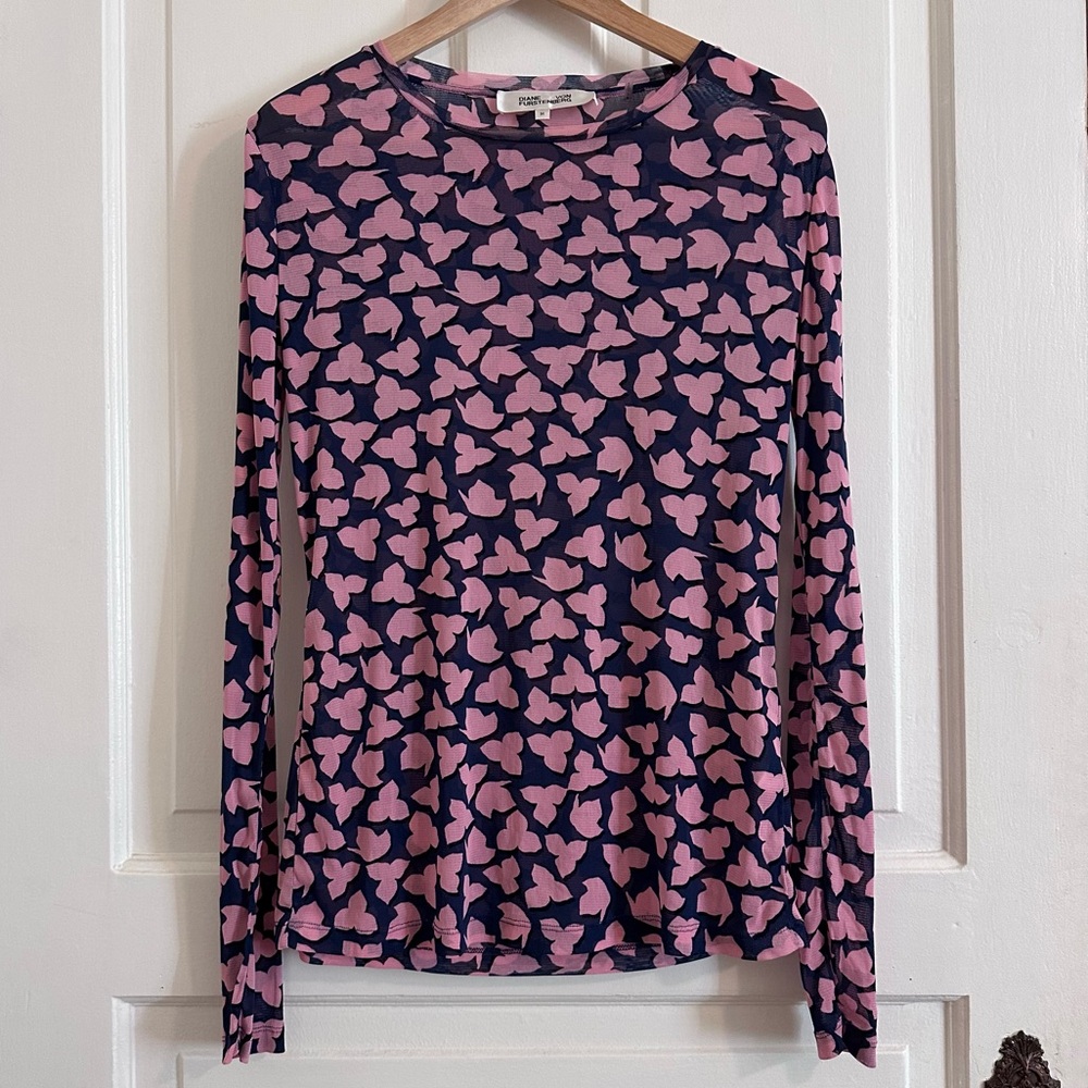Diane von Furstenberg Logan Mesh Top Long Sleeve Leaf Shadow Blue Size Medium - Picture 3 of 6